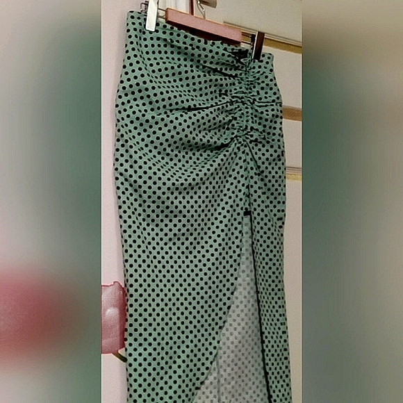 ZARA🐞Linen Ruched Mint Green Polka Dot Asymmetrical Maxi Pencil Skirt Sz:M - Picture 5 of 12